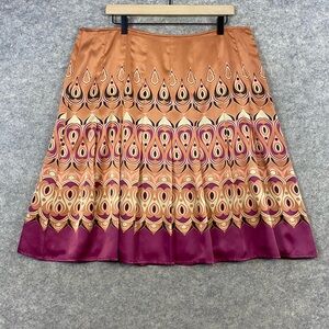 Axcess Pleated Satin Skirt Size 16 Bronze Purple Peacock Print Boho Artsy‎ Lined